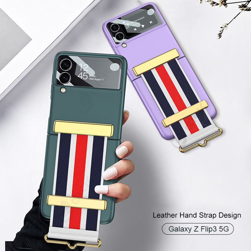 Painted Leather Hand Strap Plastic Case For Samsung Galaxy Z Flip 3 5G Back Screen Glass Cover For Samsung Z Flip 3 5G Case