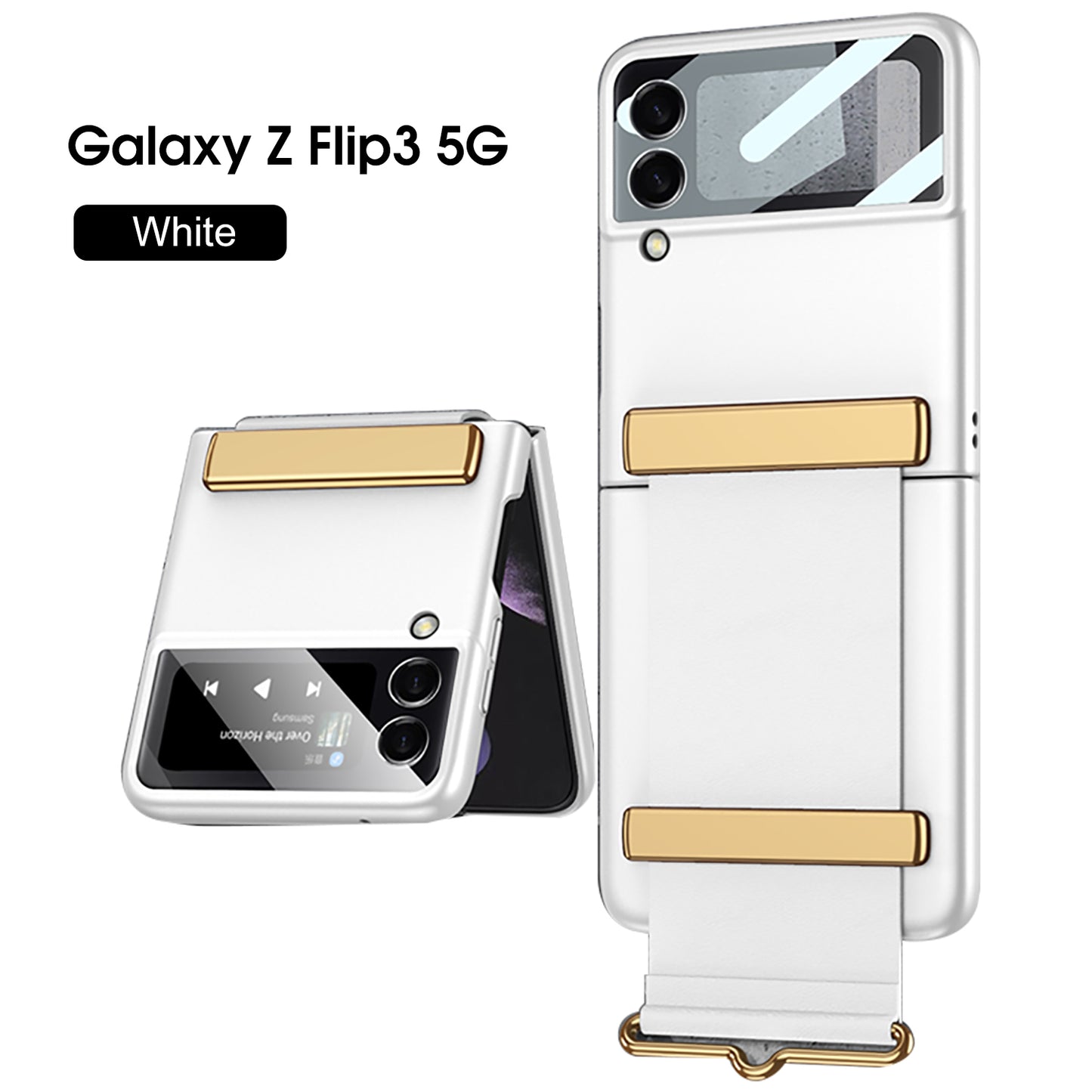 Painted Leather Hand Strap Plastic Case For Samsung Galaxy Z Flip 3 5G Back Screen Glass Cover For Samsung Z Flip 3 5G Case