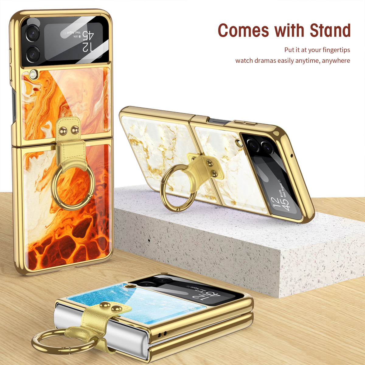 Painted Tempered Glass Ring Stand Cover For Samsung Galaxy Z Flip Fold 3 2 Case Plating Frame For Galaxy Z Flip3 Fold3 CASE