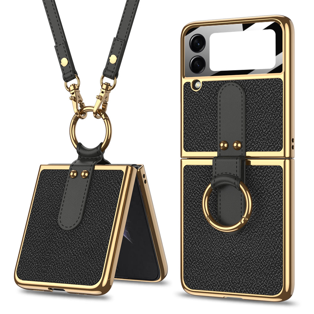 Plating Leather Strap Case For Samsung Galaxy Z Flip 3 5G With Back Screen Protector Hard Cover For Samsung Z Flip 3 5G Case