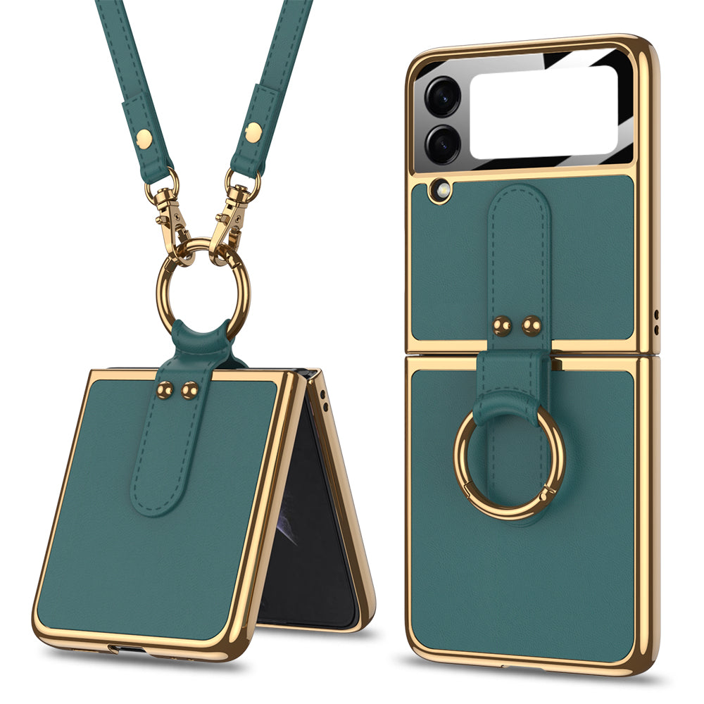 Plating Leather Strap Case For Samsung Galaxy Z Flip 3 5G With Back Screen Protector Hard Cover For Samsung Z Flip 3 5G Case