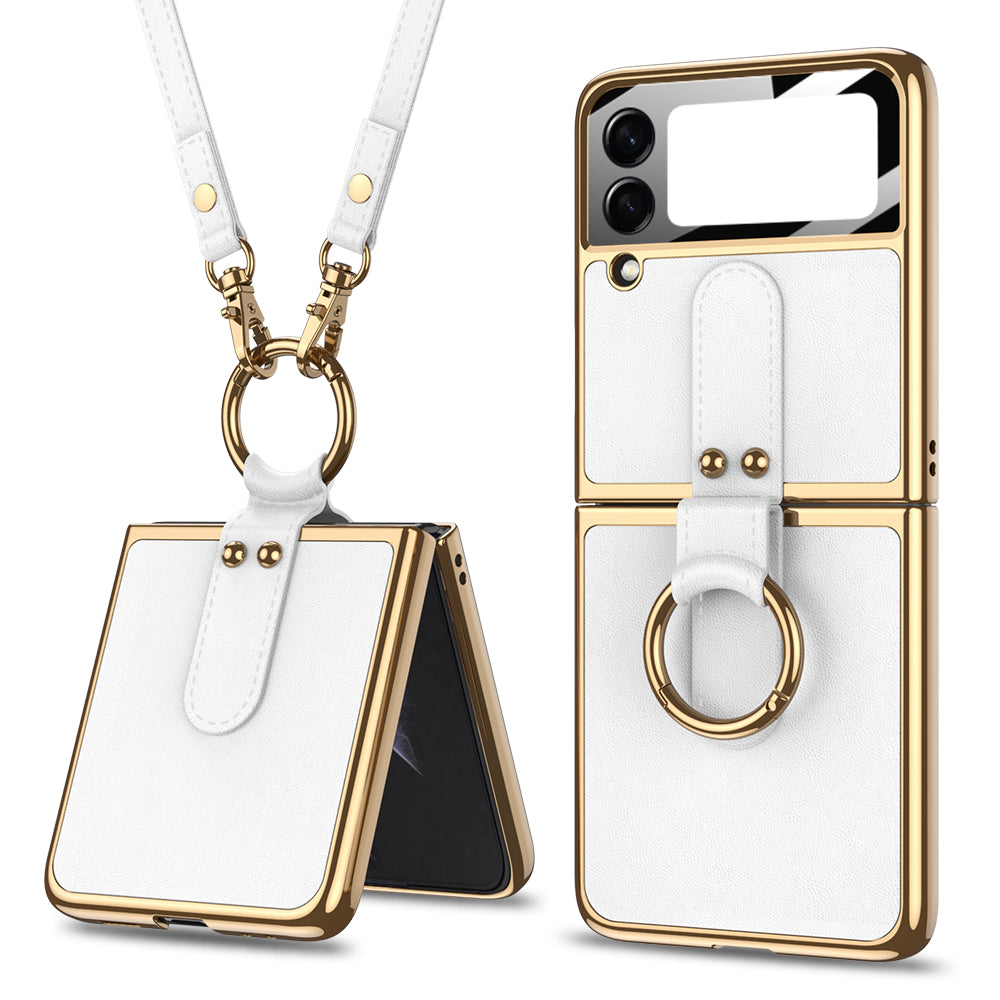 Plating Leather Strap Case For Samsung Galaxy Z Flip 3 5G With Back Screen Protector Hard Cover For Samsung Z Flip 3 5G Case