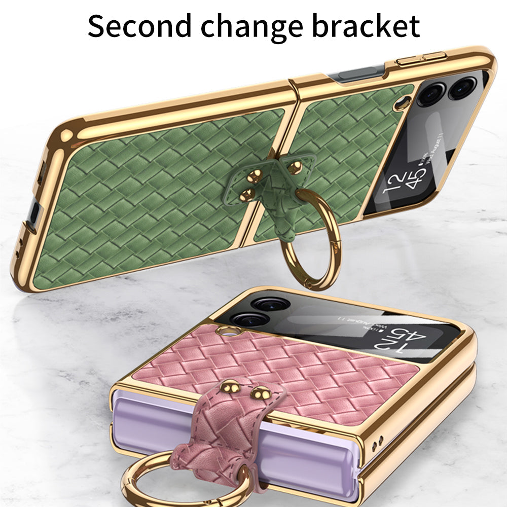 Plating Leather Weaving Case For Samsung Galaxy Z Flip 3 5G Case Back Screen Protector Hard Cover For Samsung Z Flip3