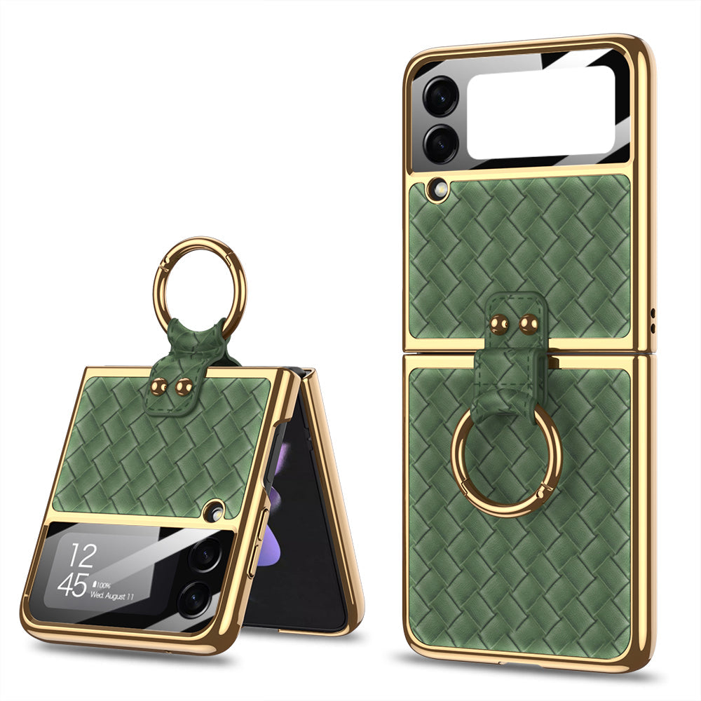 Plating Leather Weaving Case For Samsung Galaxy Z Flip 3 5G Case Back Screen Protector Hard Cover For Samsung Z Flip3