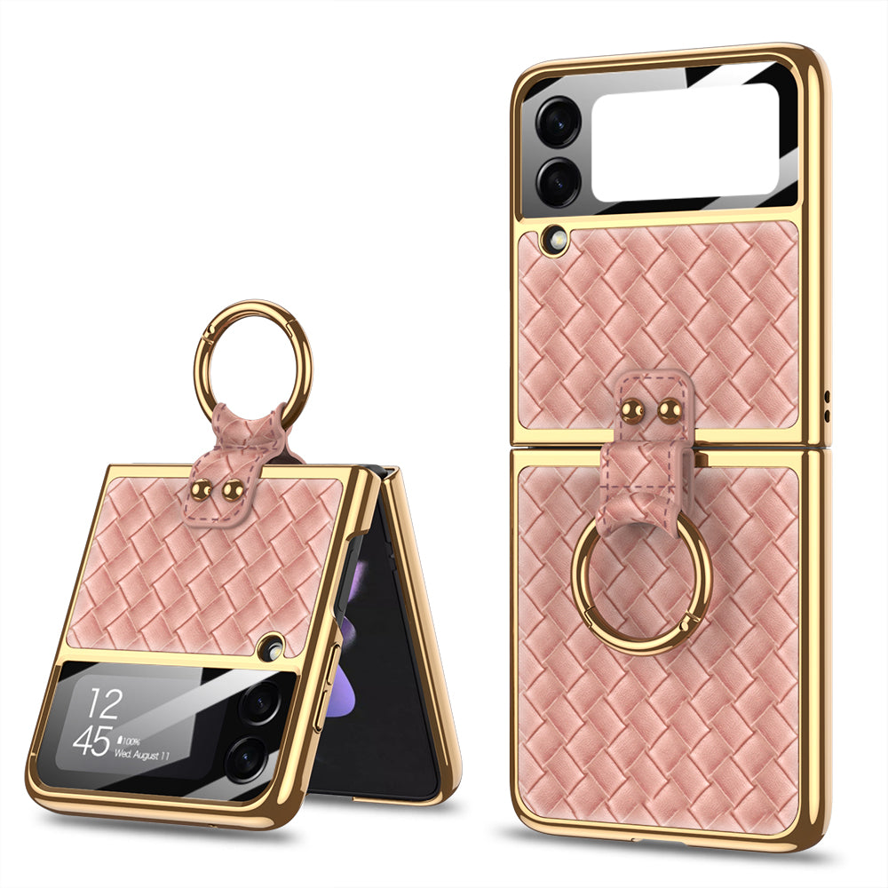Plating Leather Weaving Case For Samsung Galaxy Z Flip 3 5G Case Back Screen Protector Hard Cover For Samsung Z Flip3