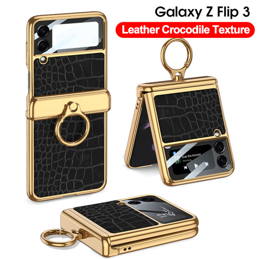 Plating Magnetic Leather Case For Samsung Galaxy Z Flip 3 Case All-included Back Tempered Glass Hard For Galaxy Z Flip3 Case
