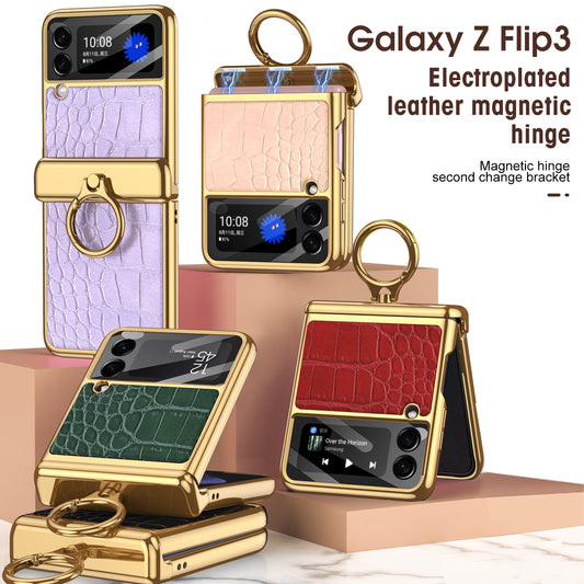 Plating Magnetic Leather Case For Samsung Galaxy Z Flip 3 Case All-included Back Tempered Glass Hard For Galaxy Z Flip3 Case