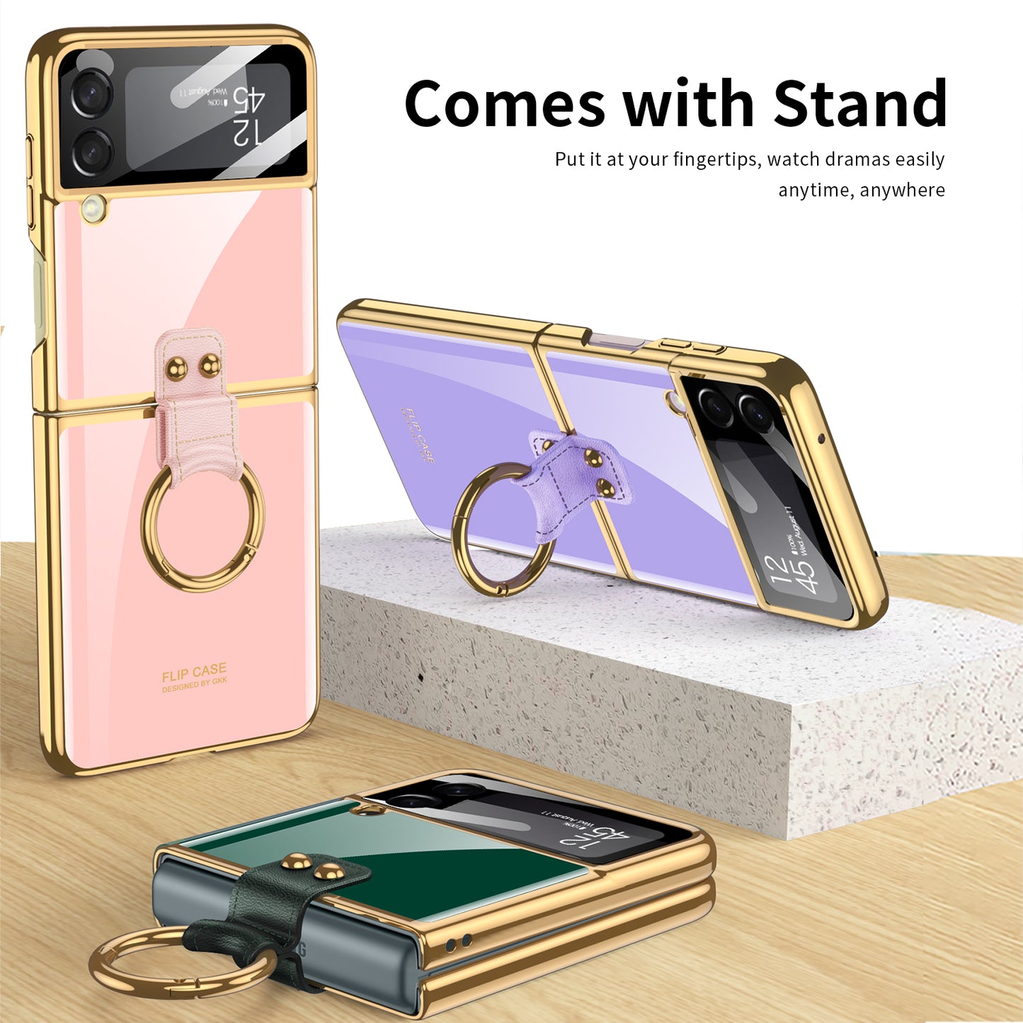 Tempered Glass Ring Case For Samsung Galaxy Z Flip 3 5G Luxury Back Screen Glass Plating Phone Cover For Galaxy Z Flip3 Case
