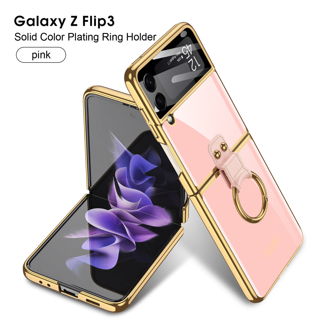 Tempered Glass Ring Case For Samsung Galaxy Z Flip 3 5G Luxury Back Screen Glass Plating Phone Cover For Galaxy Z Flip3 Case