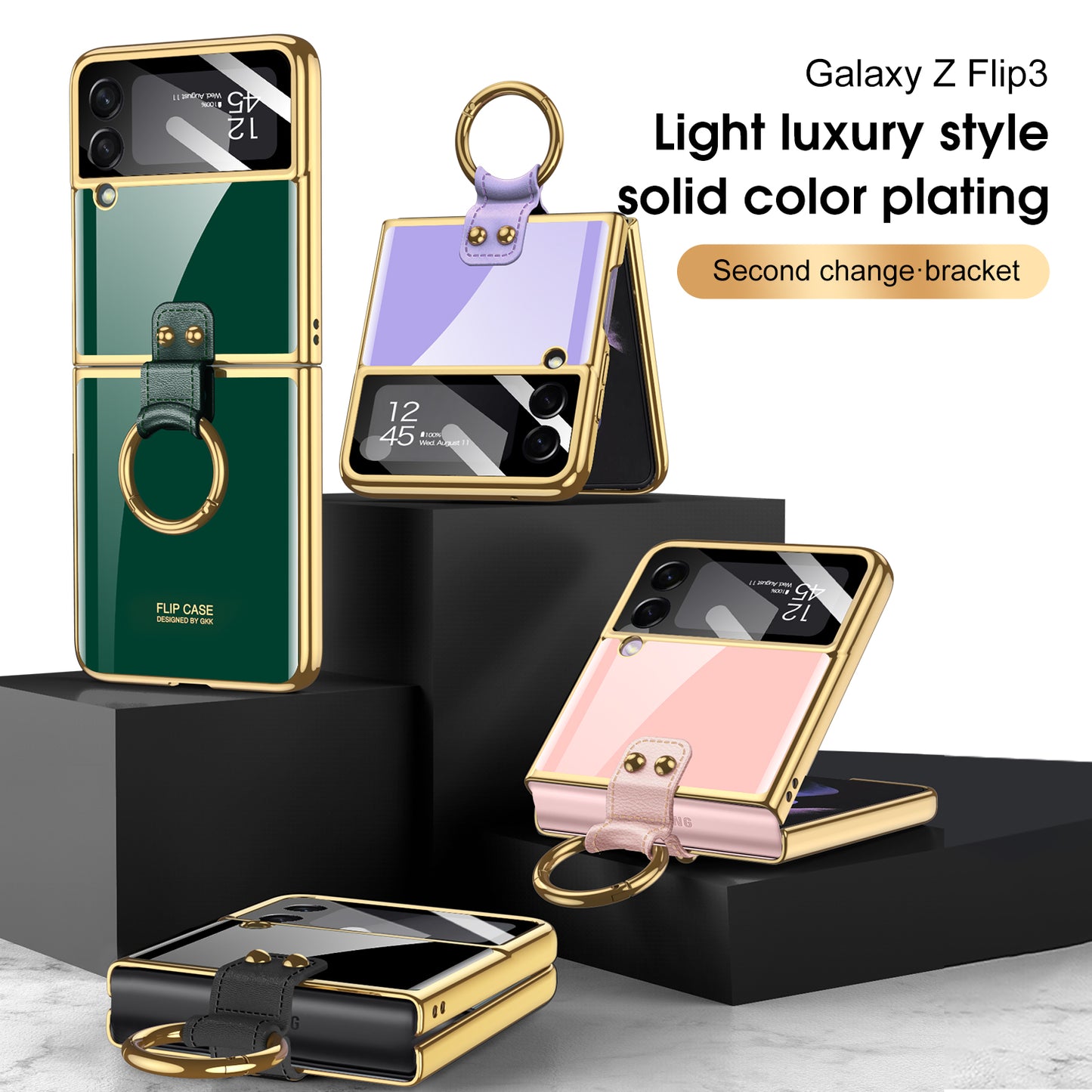Tempered Glass Ring Case For Samsung Galaxy Z Flip 3 5G Luxury Back Screen Glass Plating Phone Cover For Galaxy Z Flip3 Case