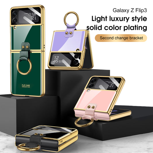 Tempered Glass Ring Case For Samsung Galaxy Z Flip 3 5G Luxury Back Screen Glass Plating Phone Cover For Galaxy Z Flip3 Case