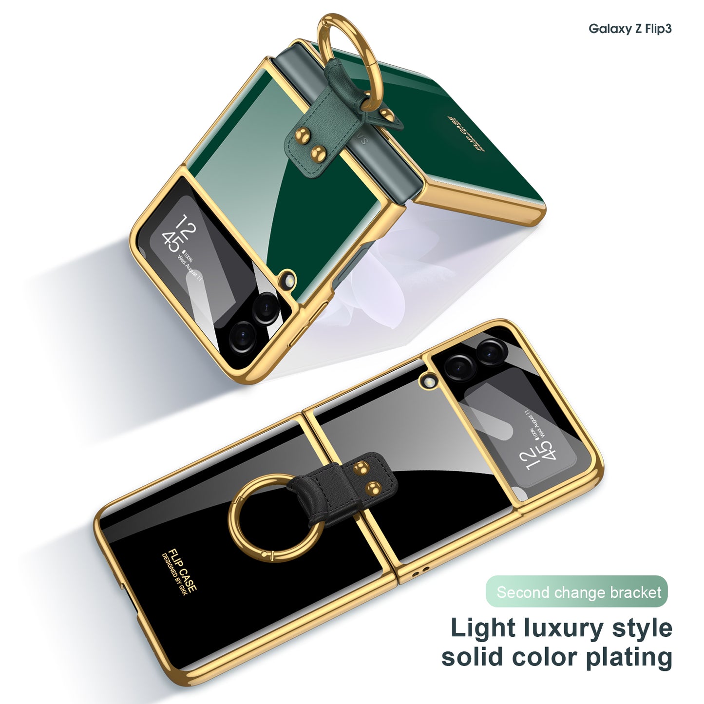Tempered Glass Ring Case For Samsung Galaxy Z Flip 3 5G Luxury Back Screen Glass Plating Phone Cover For Galaxy Z Flip3 Case