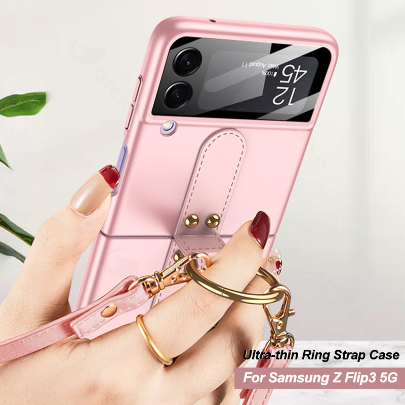 Ultra-thin Back Screen Glass Case Cover For Samsung Galaxy Z Flip 3 5G Case Finger-Ring Plastic Hard Cover For Samsung Flip3