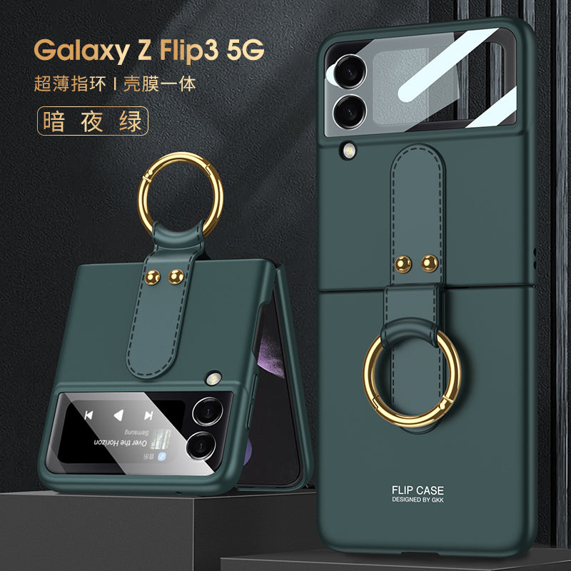 Ultra-thin Back Screen Glass Case Cover For Samsung Galaxy Z Flip 3 5G Case Finger-Ring Plastic Hard Cover For Samsung Flip3