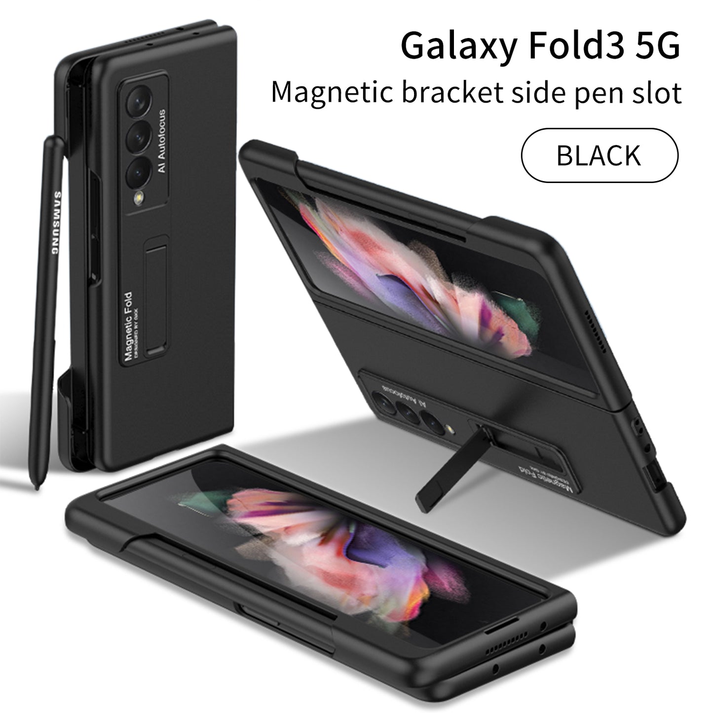 Ultra-thin Magnetic Stand Case For Samsung Galaxy Z Fold 3 5G With Edge Pen Slot Hard Phone Cover For Samsung Z Fold 3 Case