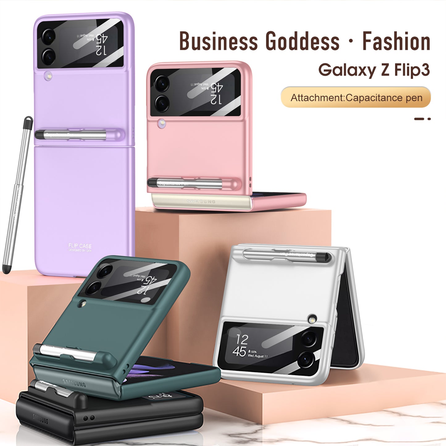 Ultra-thin With Capacitive Pen Plastic Case For Samsung Galaxy Z Flip 3 5G Screen Protector Hard Cover For Galaxy Flip3 Case