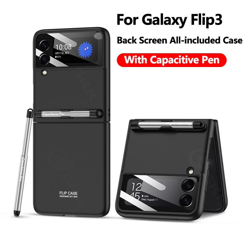Ultra-thin With Capacitive Pen Plastic Case For Samsung Galaxy Z Flip 3 5G Screen Protector Hard Cover For Galaxy Flip3 Case