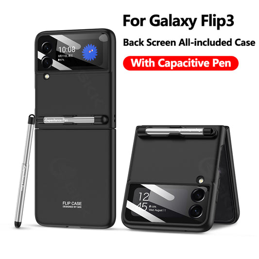 Ultra-thin With Capacitive Pen Plastic Case For Samsung Galaxy Z Flip 3 5G Screen Protector Hard Cover For Galaxy Flip3 Case