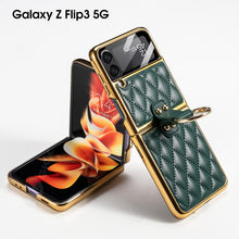 Cargar imagen en el visor de la galería, Leather Plating Back Screen Glass Case Cover For Samsung Galaxy Z Flip 3 5G Ring Stand Hard Cover For Galaxy Z Flip3 5G Case
