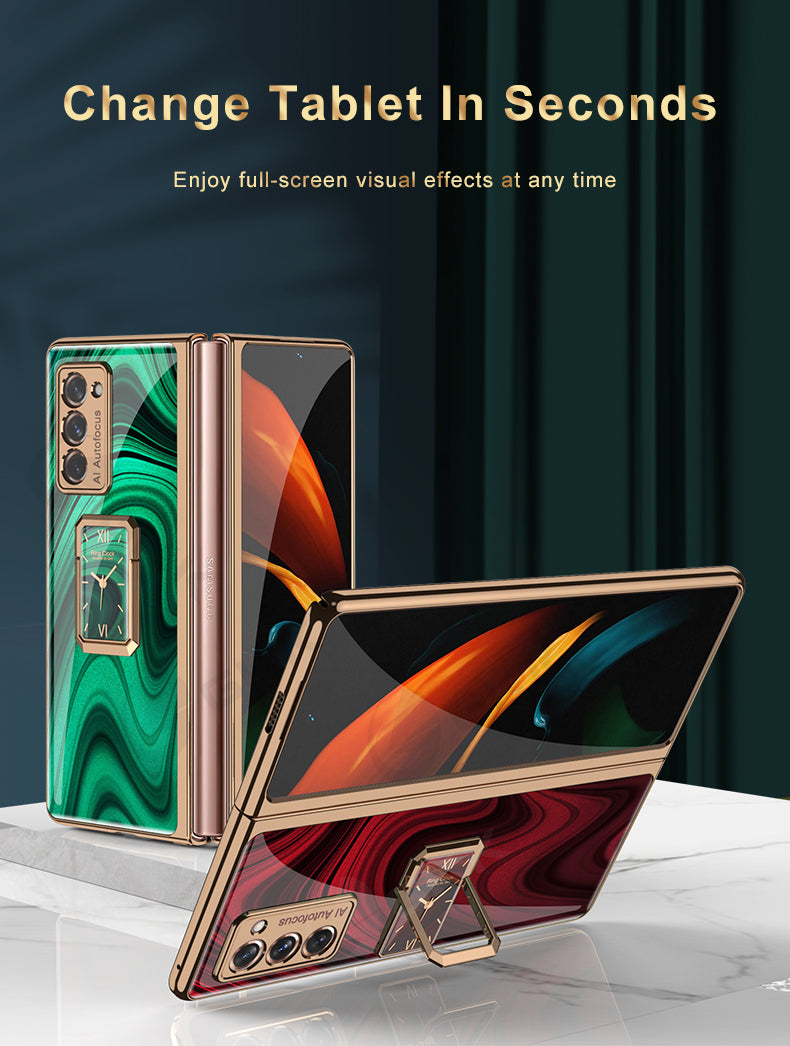 Luxury Plating Tempered Glass Case For Samsung Galaxy Z Fold 2 3 Case With Ring Stand Protection Cover For Galaxy Z Fold 2 3
