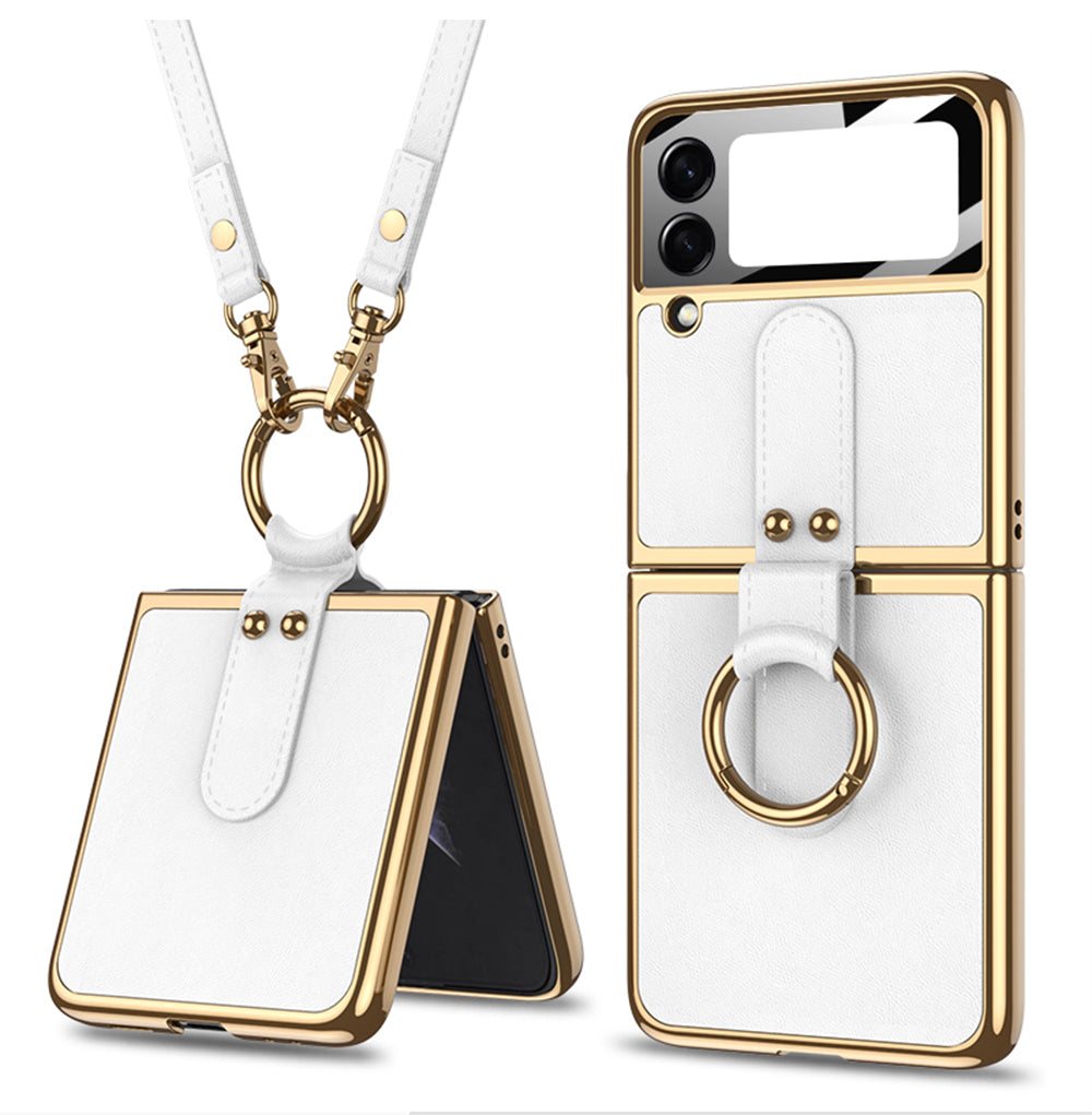 Plating Leather Strap Case For Samsung Galaxy Z Flip 3 5G With Back Screen Protector Hard Cover For Samsung Z Flip 3 5G Case