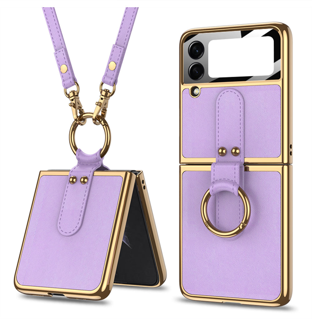 Plating Leather Strap Case For Samsung Galaxy Z Flip 3 5G With Back Screen Protector Hard Cover For Samsung Z Flip 3 5G Case