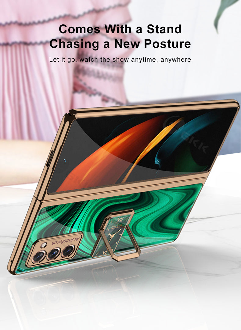 Luxury Plating Tempered Glass Case For Samsung Galaxy Z Fold 2 3 Case With Ring Stand Protection Cover For Galaxy Z Fold 2 3