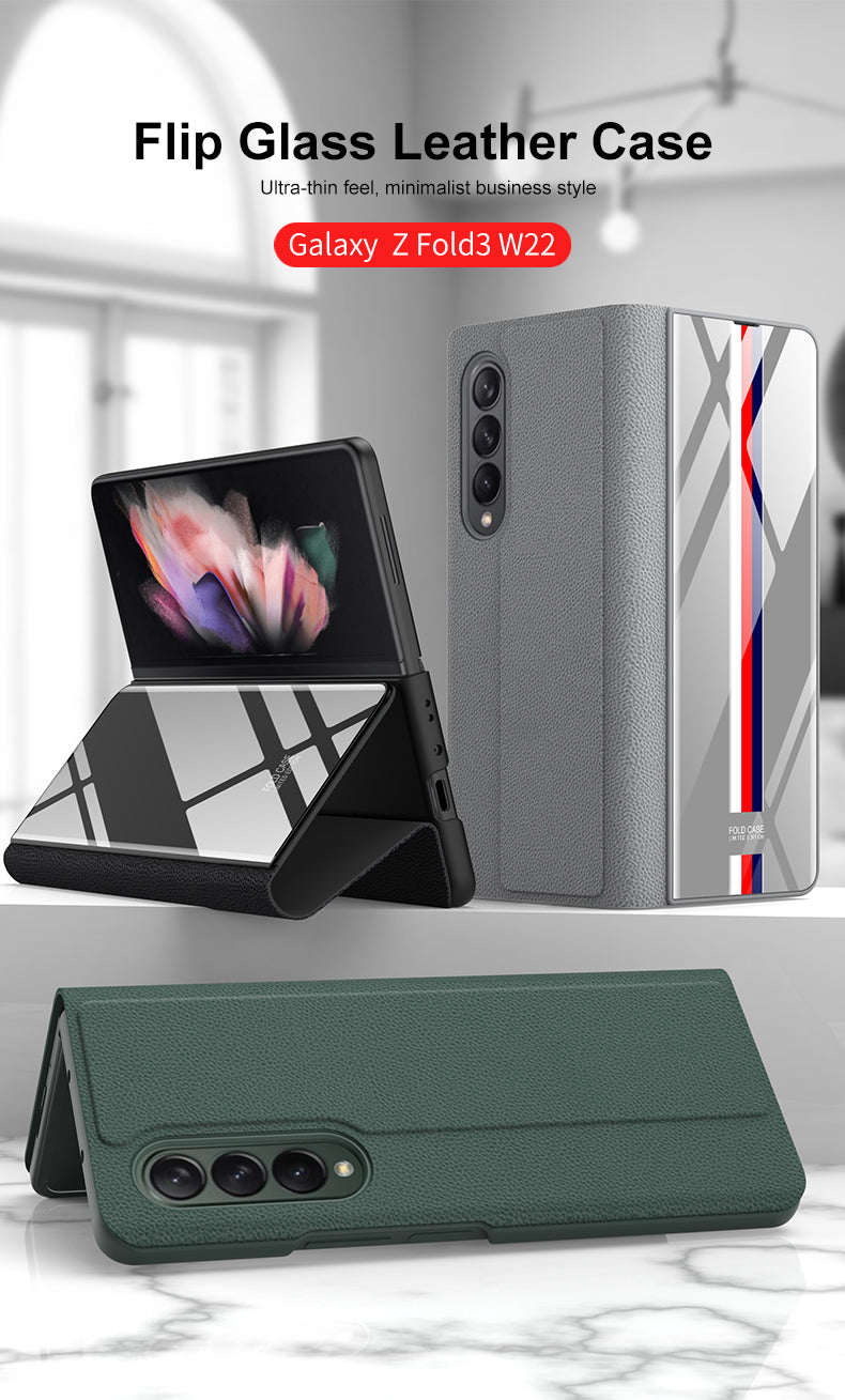 Leather Tempered Glass Case For Samsung Galaxy Z Fold 3 5G Cover Luxury Holster Anti-knock Hard For Samsung Z Fold3 5G Case