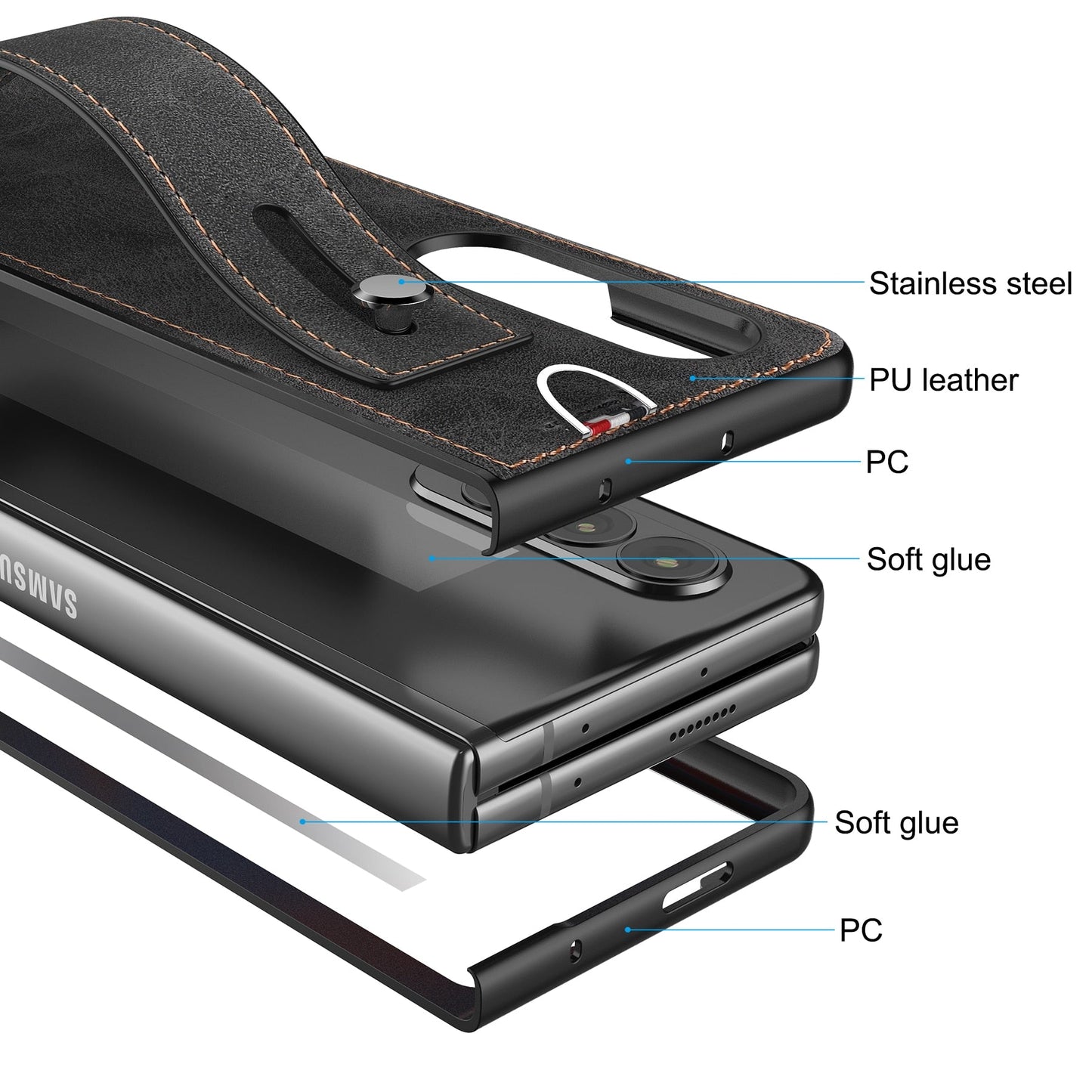 Samsung Galaxy Z Fold 3 5G Case Slim Lightweight Genuine Leather Hand Strap Protective Shockproof Cover