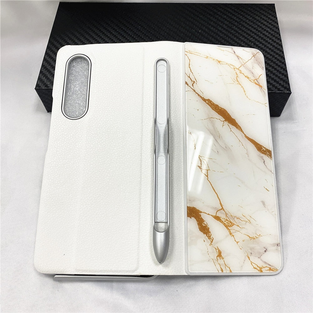 Samsung Galaxy Z Fold 3 Case With S Pen Holder Slot Leather and Tempered Glass Flip Stand Cover For Galaxy Z Fold 3