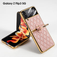 Cargar imagen en el visor de la galería, Leather Plating Back Screen Glass Case Cover For Samsung Galaxy Z Flip 3 5G Ring Stand Hard Cover For Galaxy Z Flip3 5G Case
