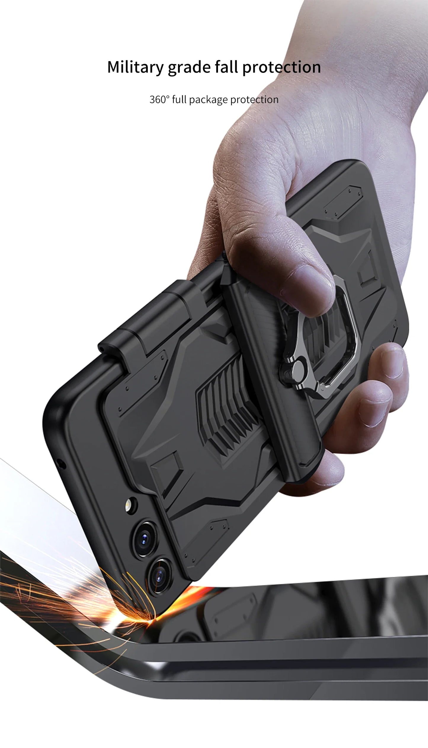 Foldable Phone Case with PC Material Hinge and Front Glass Metal Finger-ring Case for Samsung Galaxy Flip5