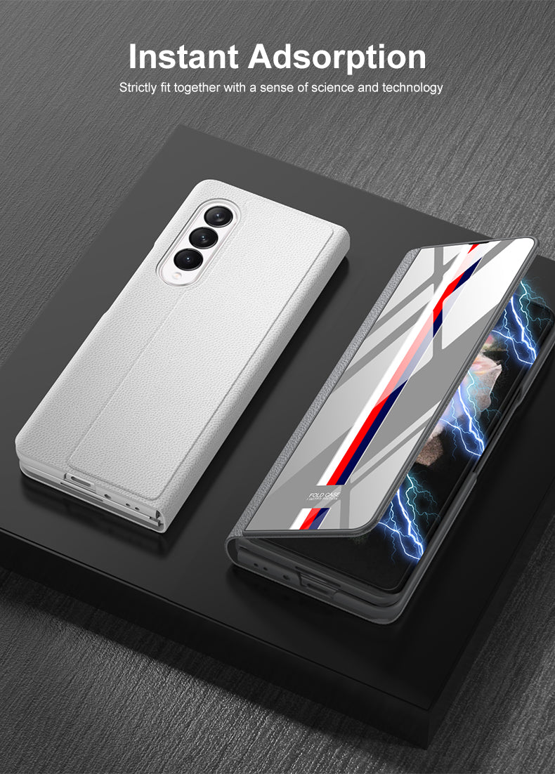 Leather Tempered Glass Case For Samsung Galaxy Z Fold 3 5G Cover Luxury Holster Anti-knock Hard For Samsung Z Fold3 5G Case