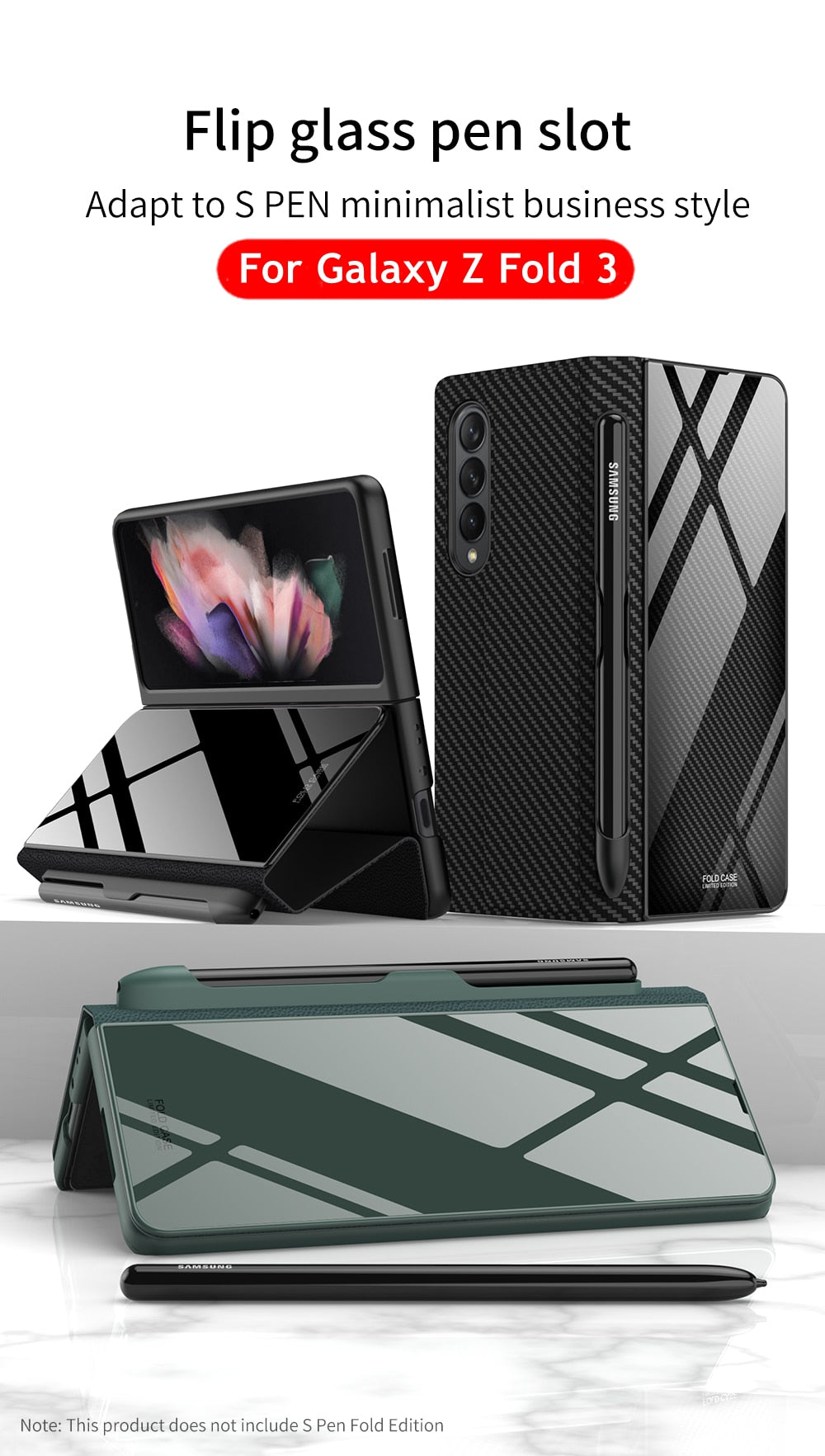 Samsung Galaxy Z Fold 3 Case With S Pen Holder Slot Leather and Tempered Glass Flip Stand Cover For Galaxy Z Fold 3