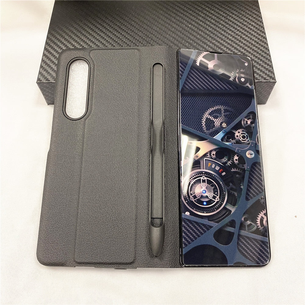 Samsung Galaxy Z Fold 3 Case With S Pen Holder Slot Leather and Tempered Glass Flip Stand Cover For Galaxy Z Fold 3
