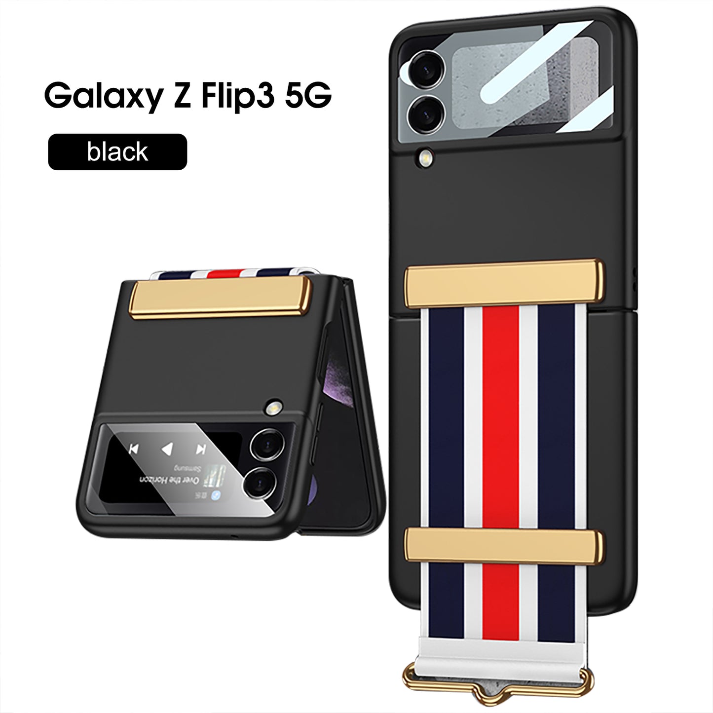 Painted Leather Hand Strap Plastic Case For Samsung Galaxy Z Flip 3 5G Back Screen Glass Cover For Samsung Z Flip 3 5G Case