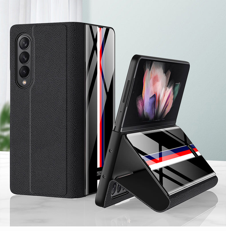 Leather Tempered Glass Case For Samsung Galaxy Z Fold 3 5G Cover Luxury Holster Anti-knock Hard For Samsung Z Fold3 5G Case