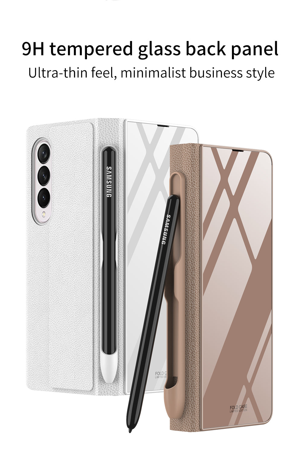 Leather Tempered Glass Pen Slot Case For Samsung Galaxy Z Fold 3 5G Full Protection Hard Cover
