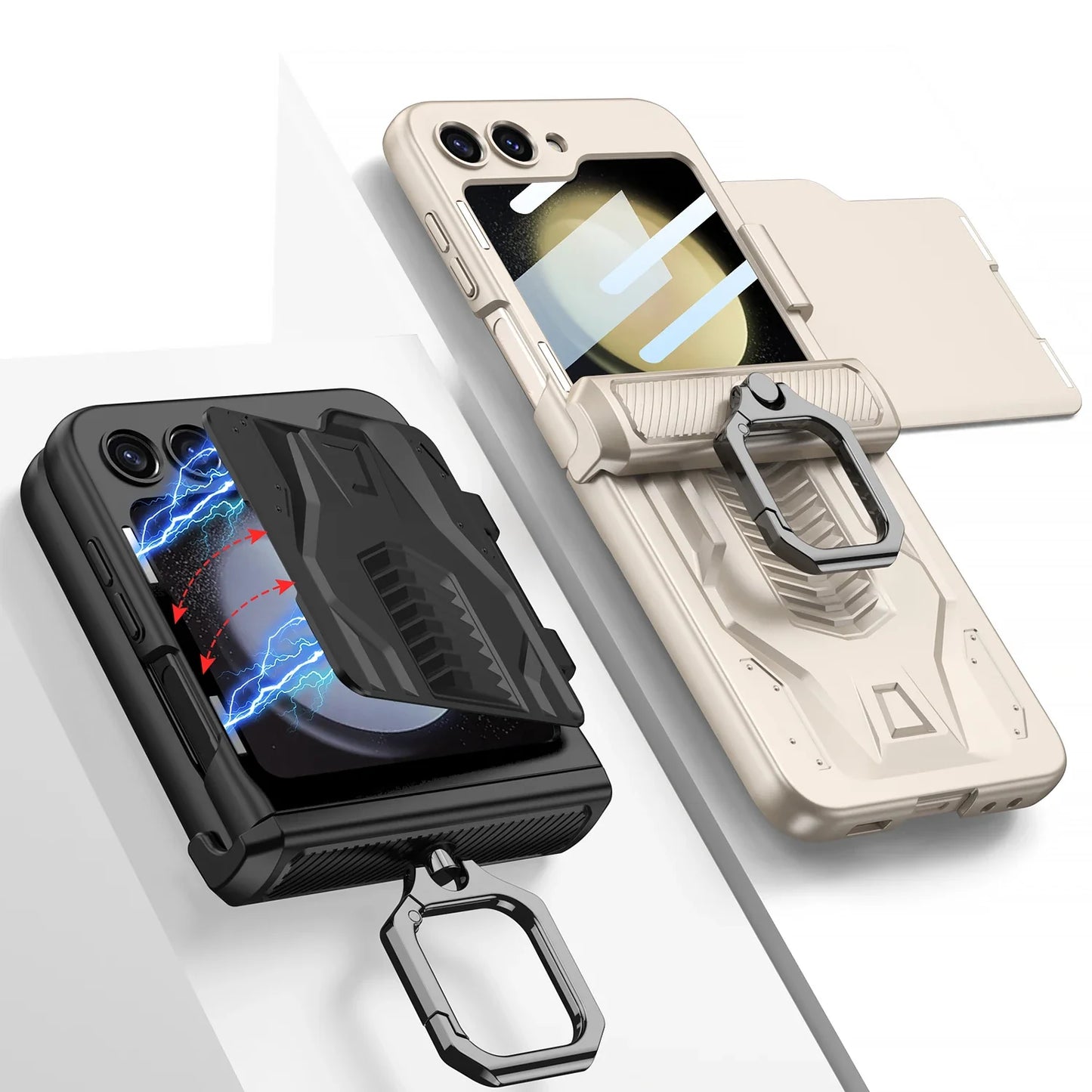 Foldable Phone Case with PC Material Hinge and Front Glass Metal Finger-ring Case for Samsung Galaxy Flip5