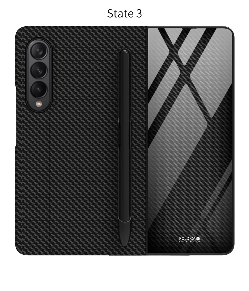 Leather Tempered Glass Pen Slot Case For Samsung Galaxy Z Fold 3 5G Full Protection Hard Cover
