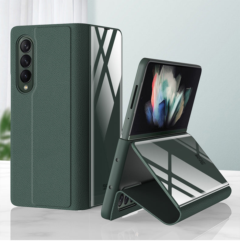 Leather Tempered Glass Case For Samsung Galaxy Z Fold 3 5G Cover Luxury Holster Anti-knock Hard For Samsung Z Fold3 5G Case