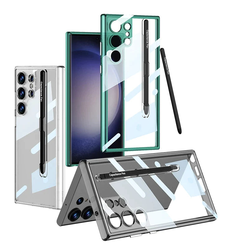 Transparent TPU Clear PC Shockproof Hard Cell Phone Case with Pen For Samsung S23 S24 Ultra S23 S24 Plus