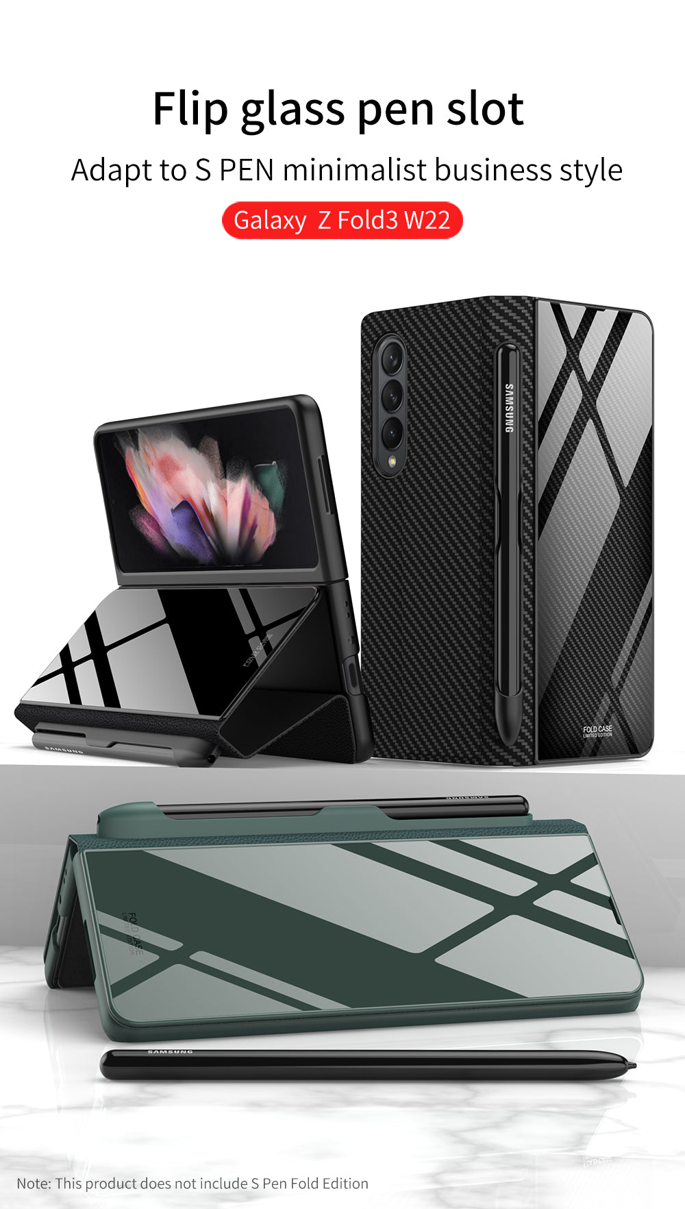 Leather Tempered Glass Pen Slot Case For Samsung Galaxy Z Fold 3 5G Full Protection Hard Cover