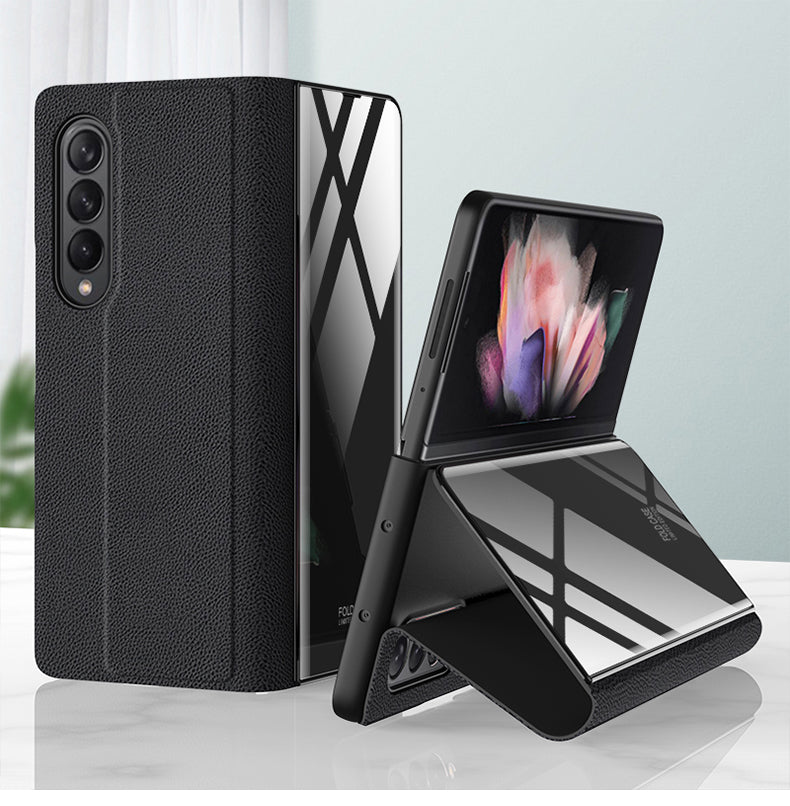 Leather Tempered Glass Case For Samsung Galaxy Z Fold 3 5G Cover Luxury Holster Anti-knock Hard For Samsung Z Fold3 5G Case