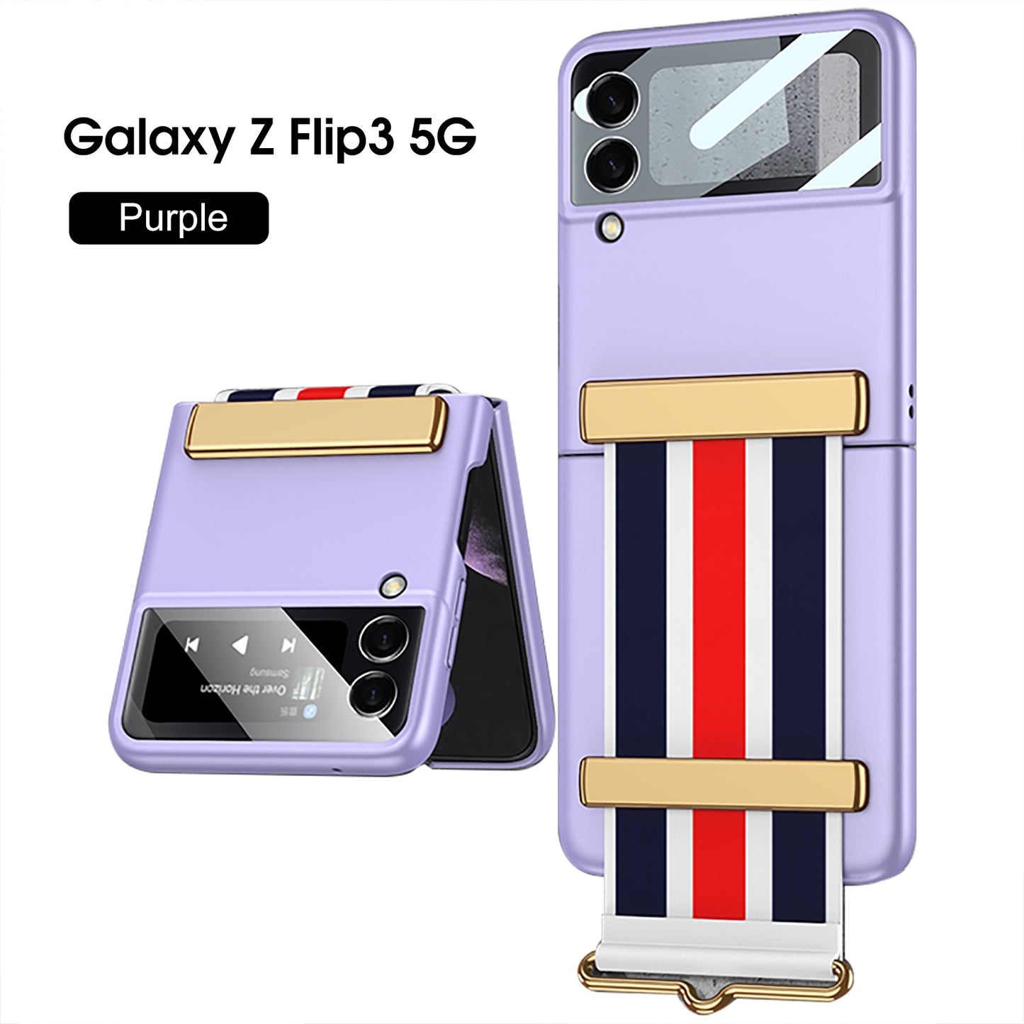 Painted Leather Hand Strap Plastic Case For Samsung Galaxy Z Flip 3 5G Back Screen Glass Cover For Samsung Z Flip 3 5G Case