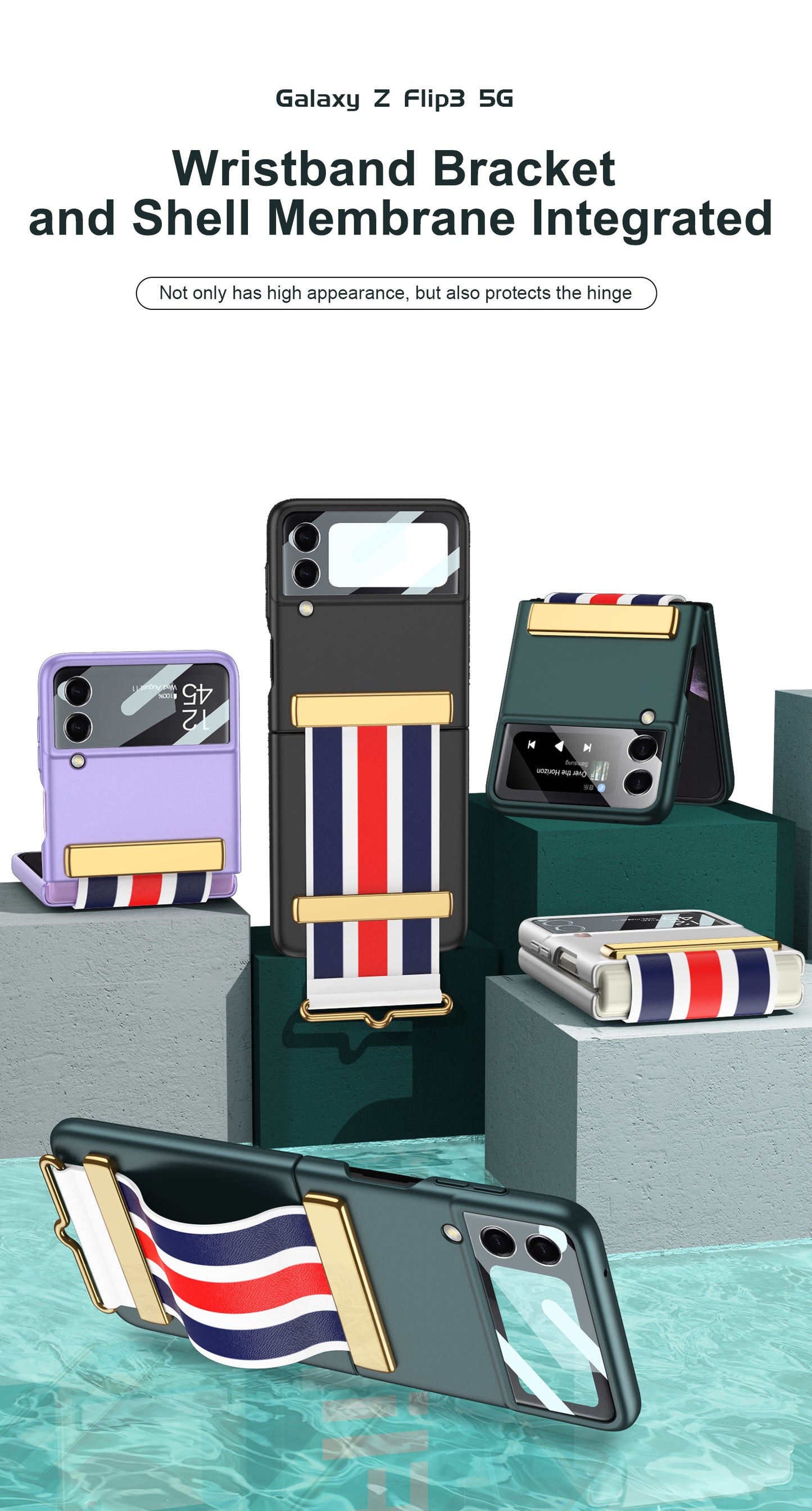 Painted Leather Hand Strap Plastic Case For Samsung Galaxy Z Flip 3 5G Back Screen Glass Cover For Samsung Z Flip 3 5G Case