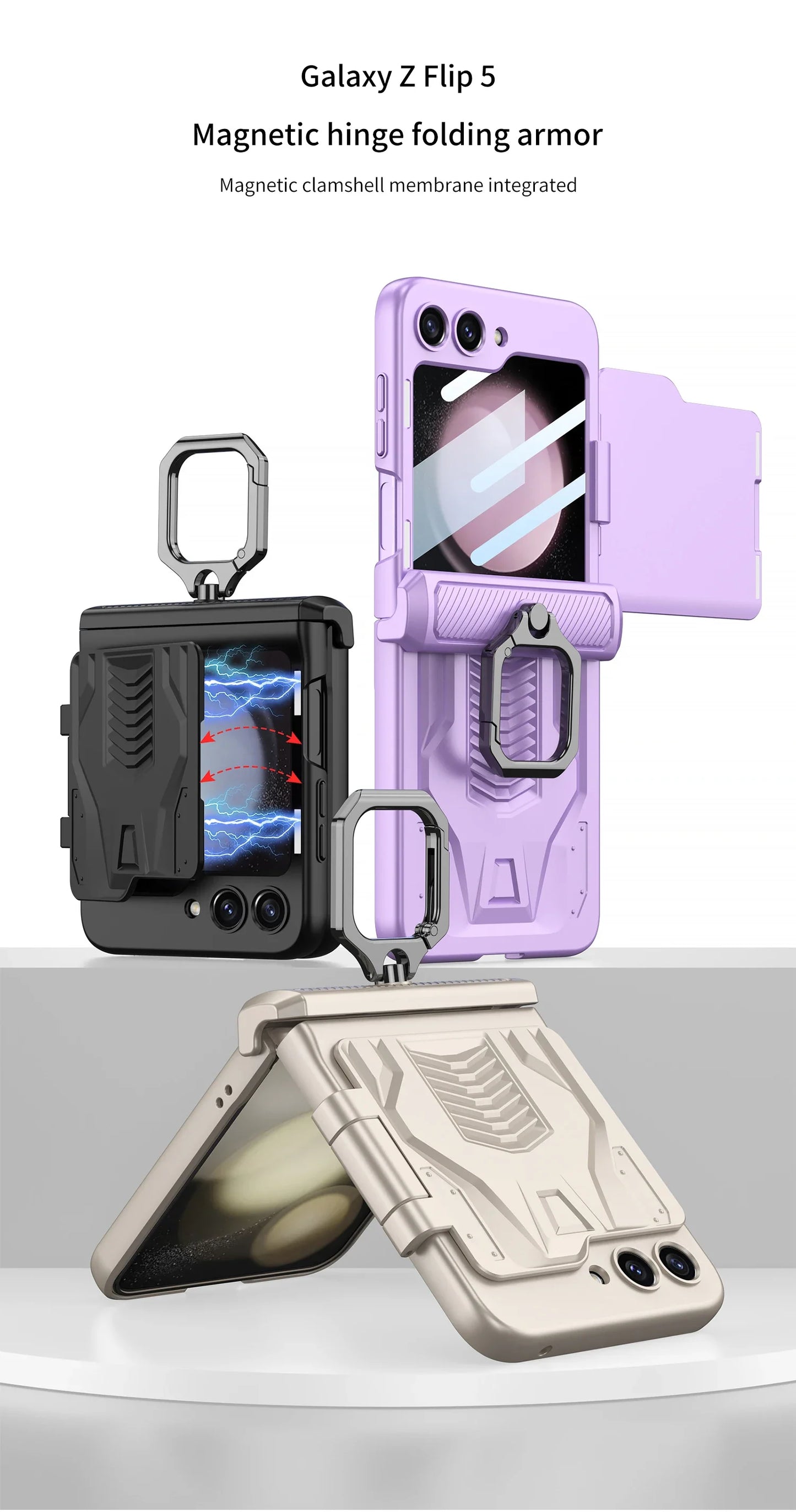 Foldable Phone Case with PC Material Hinge and Front Glass Metal Finger-ring Case for Samsung Galaxy Flip5