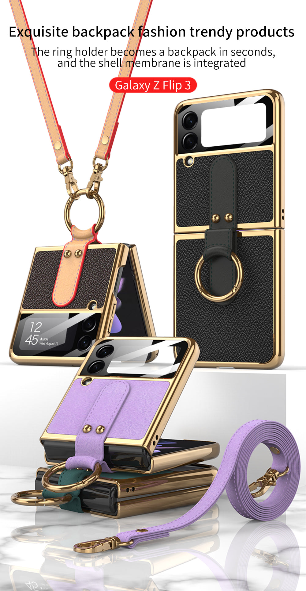 Plating Leather Strap Case For Samsung Galaxy Z Flip 3 5G With Back Screen Protector Hard Cover For Samsung Z Flip 3 5G Case
