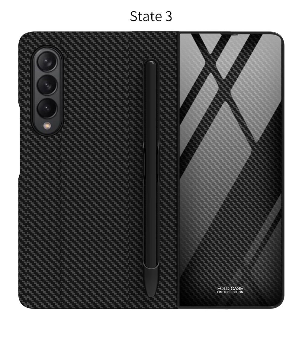 Samsung Galaxy Z Fold 3 Case With S Pen Holder Slot Leather and Tempered Glass Flip Stand Cover For Galaxy Z Fold 3