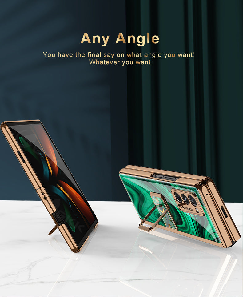 Luxury Plating Tempered Glass Case For Samsung Galaxy Z Fold 2 3 Case With Ring Stand Protection Cover For Galaxy Z Fold 2 3